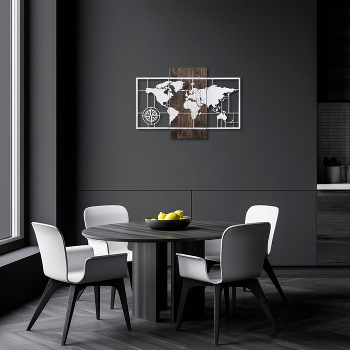 Wallity World Map With Compass - Silver